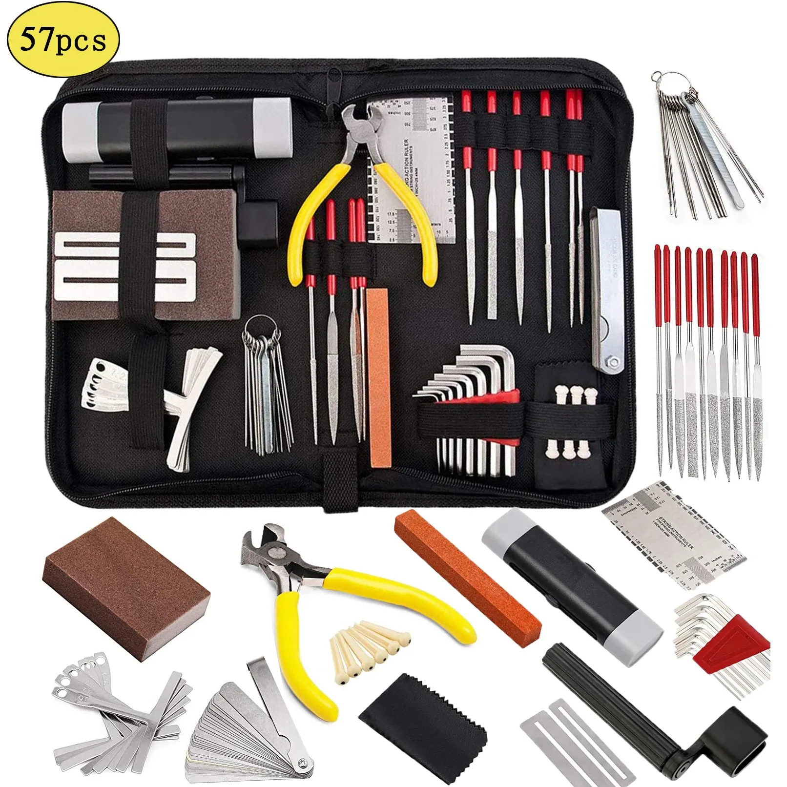 Câbles 57 PCS Kit d'outils de maintenance de réparation de guitare chaîne sèche d'action Luthier fichier guitare pont épingles pour le violon de basse ukuléle de guitare