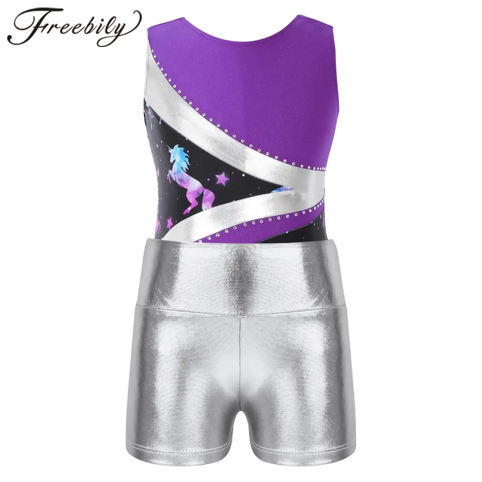 Shorts Kids Girls Sleeveless Printed Shiny Rhinestones Gymnastics Leotard with Shorts Sets for Ballet Dance Competition Performance