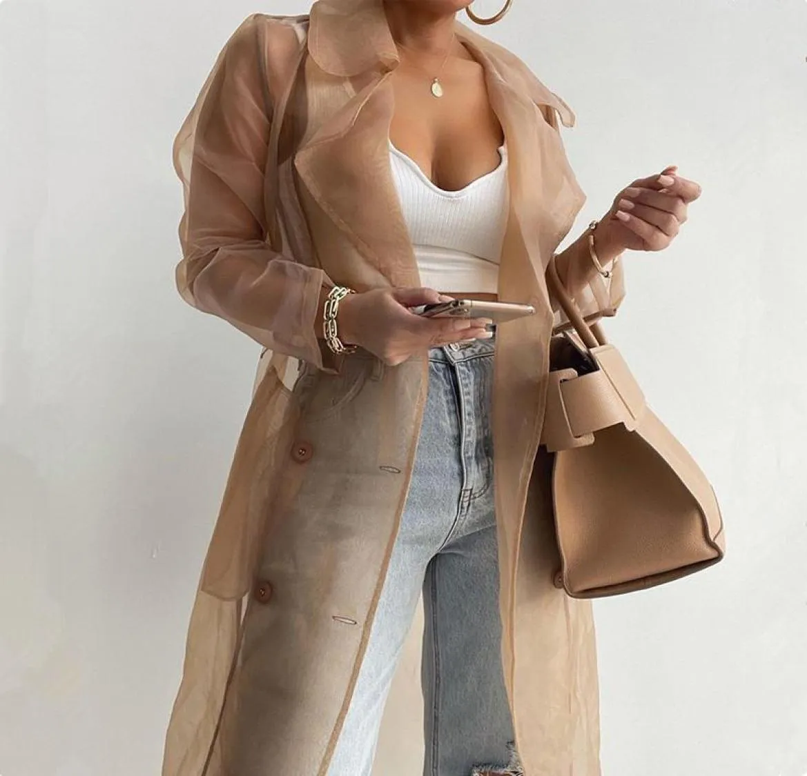 Femmes039s Vestes Femmes Spring Summer Voir à travers le manteau long manteau transparent à manche complète boutonnée avec Beltwomen039S3210686