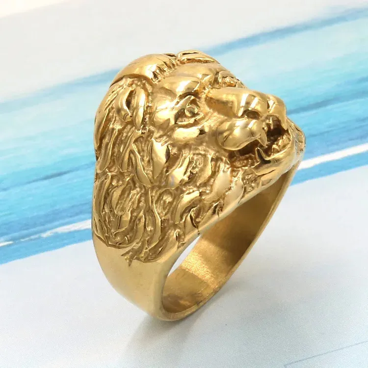Europese en Amerikaanse Golden Lion Head Ring Steel Fashion Personality Roestvrije sieraden Factory Direct Free240412
