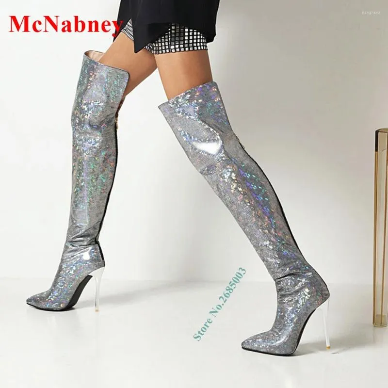 Bottes Microfibre bling pointu pointu mince talon haut dos à la glissière sur le genou sexy femme autorise les chaussures robes de fête d'hiver