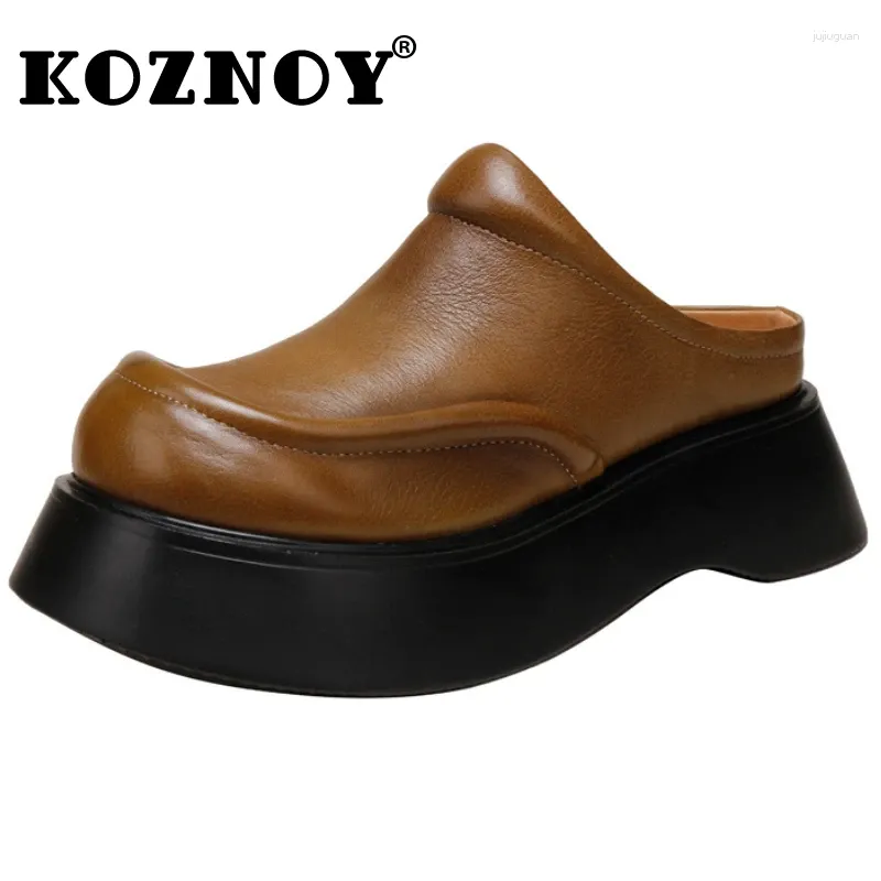 Slippers Koznoy 5cm Ethnic Genuine Leather Summer Spring Luxury Slipper Mary Jane Fashion Ladies Round Sandals Platform Wedge Shoes Women