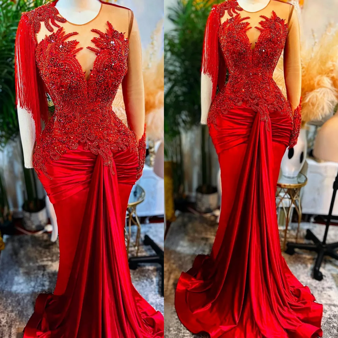 2024 Plus Size Red Prom Dresses for Black Women Promdress One Shoulder Long Sleeves Illusion Mermaid Tassel Appliqued Beaded Lace Birthday Party Gowns Dresses AM704