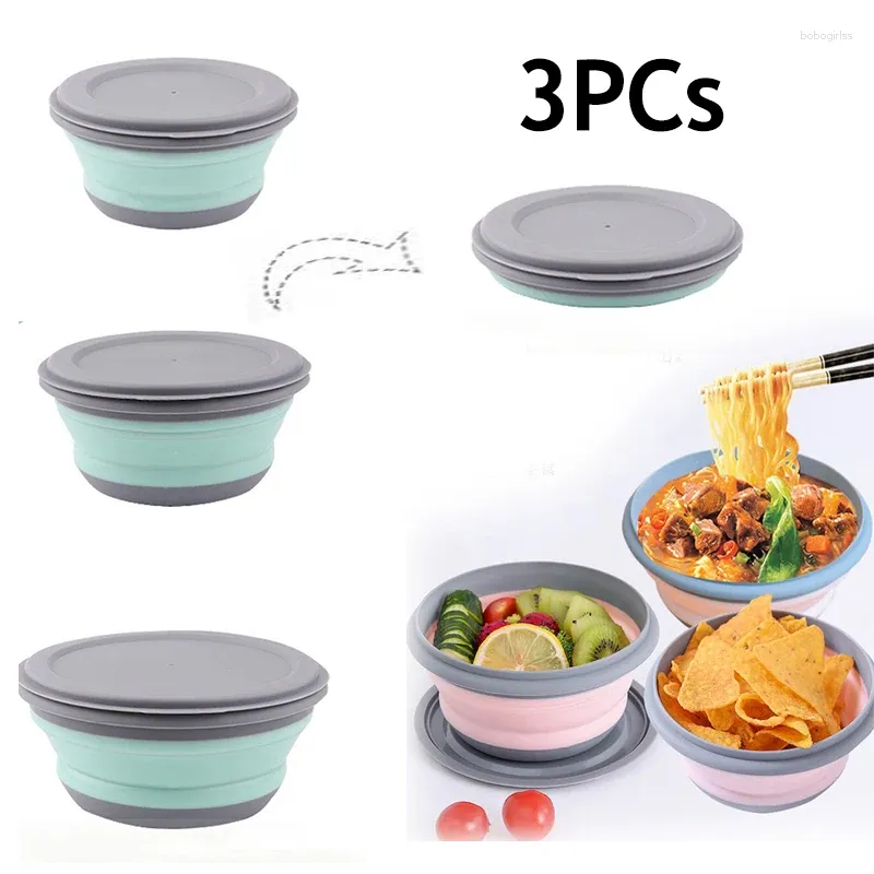 Bowls 3pcs Folding Bowl Outdoor Camping With Lid Silicone Children's Portable Office Lunch Box Set Can Be Folded