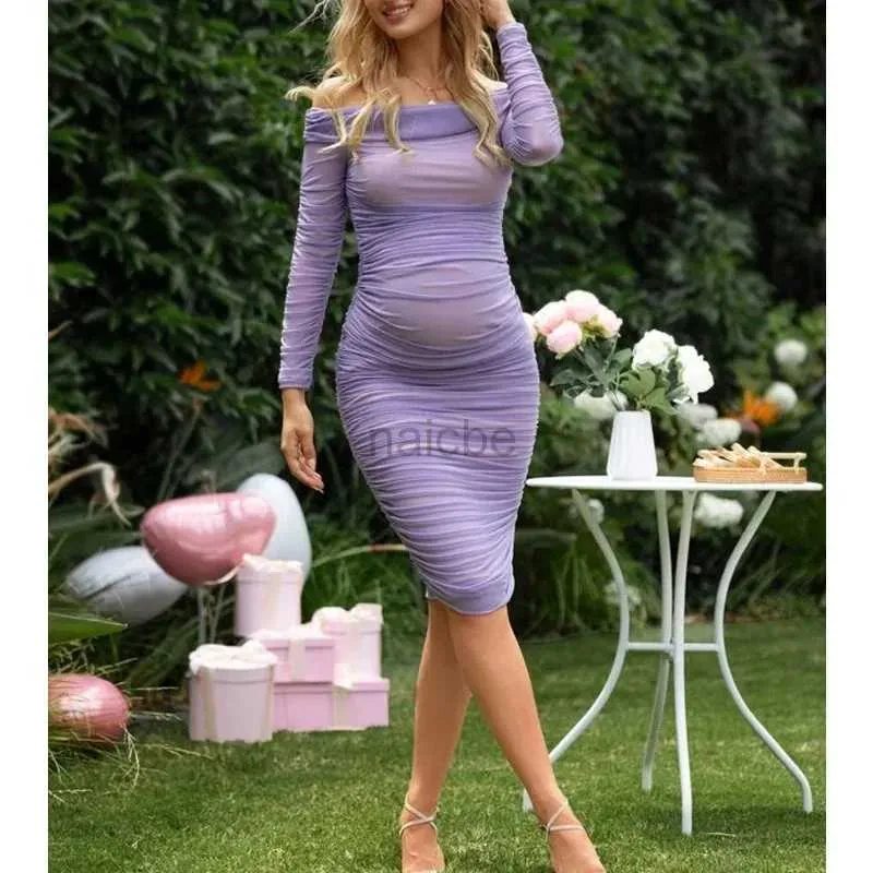 Sukienki macierzyńskie 2023 Autumn Nowe macierzyństwo poza ramionami Ruched Mesh Bodycon Sukienka 240412