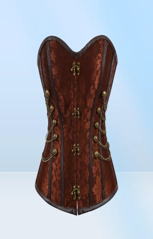 Women Vintage Steampunk Gothic PU Leather Panels Jacquard Overbust Corset Top with Chains and Buttons Accent S6XL Plus Size Brown4039765