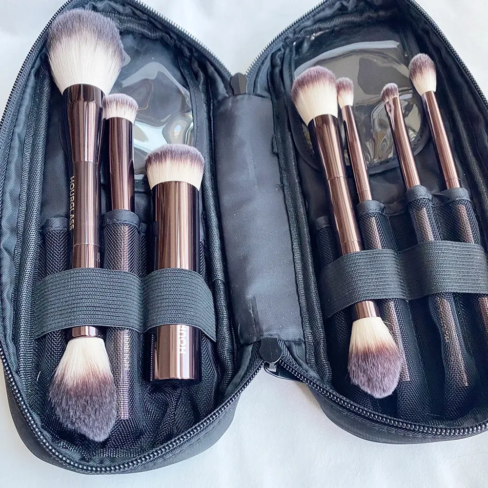 Kits timglassmakeup borstar set vegan rese set med en påse mjukt syntetiskt hårmetallhandtag Deluxe Cosmetics Brush Kit