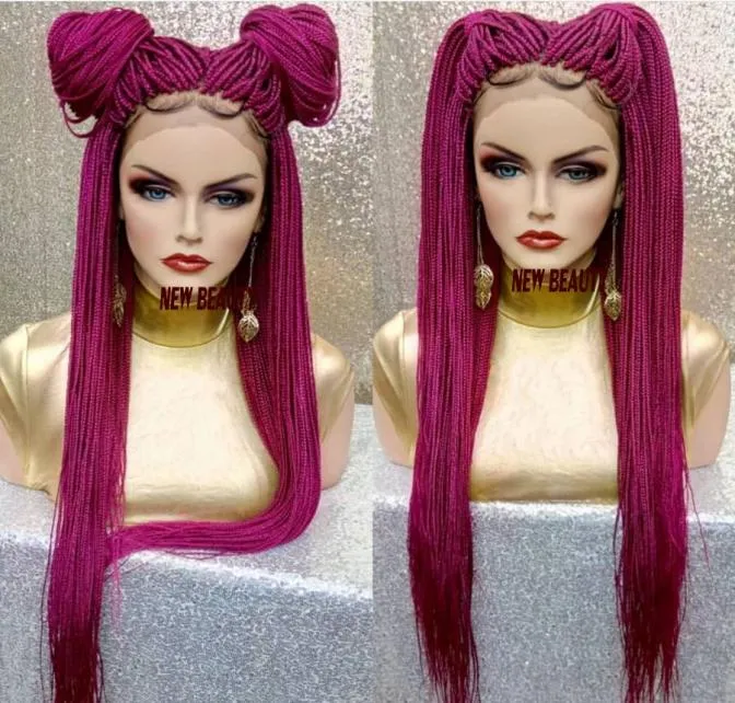 Новые розовые красные плетеные парики с детскими волосами с длинными коробками косичны безделушка синтетических кружевных париков для чернокожих женщин с термостойкими 5578570