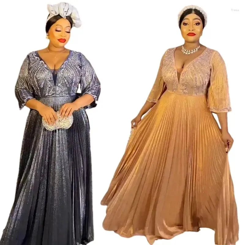 Casual Dresses Fashion Party V-Neck A-Line Evening Gowns Dashiki Nigerian Robes Luxury African Women's Rhinestones Pleated Long Dress