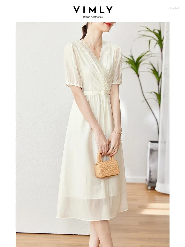 Festklänningar Vimly V Neck Elegant Midi Dress 2024 Summer Lyocell Blend Clothes for Women French Fashion Bund Bligh Kort ärm i