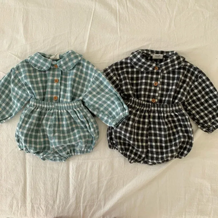 Shorts Câmara de menina de menina de menina colar de mangas compridas camisa de mangas compridas AllMatch Tops finos e shorts de pão de algodão solto 2pc Conjunto