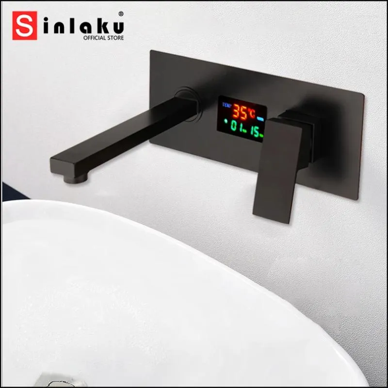 Badrum diskbänk kranar matt svart badkar kran vattenfall digital display bassäng mixer kran kran mässing väggmontering tvätt
