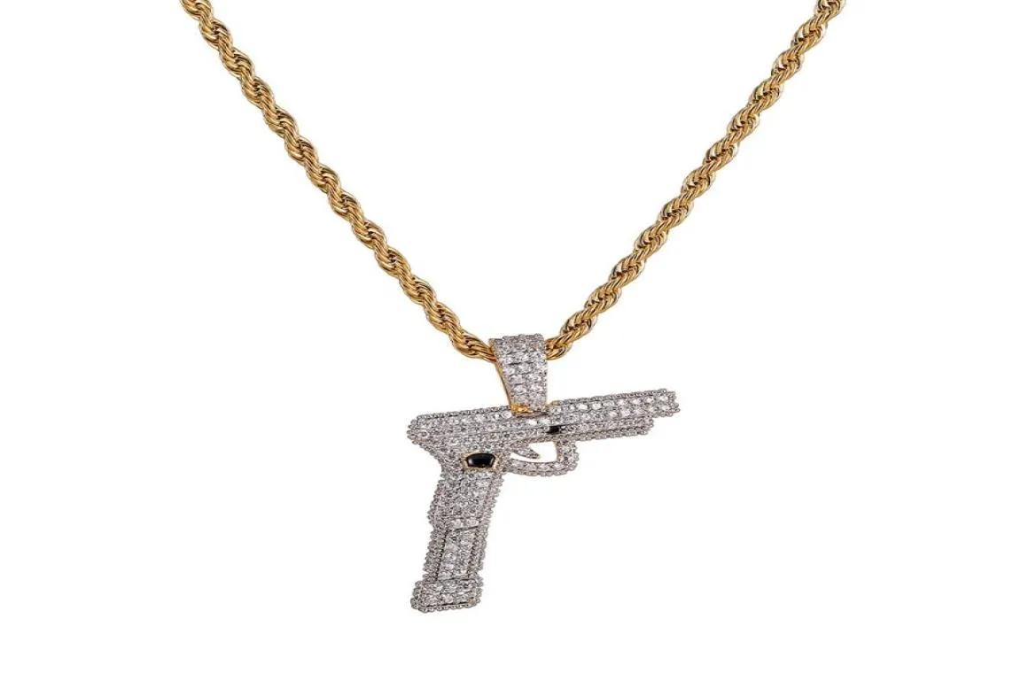 Biżuteria hip -hopowa lodowa goldsilver kolor platowany pistolet Naszyjnik mikro -barowy cyrkon łańcuch uroku dla mężczyzn3588409