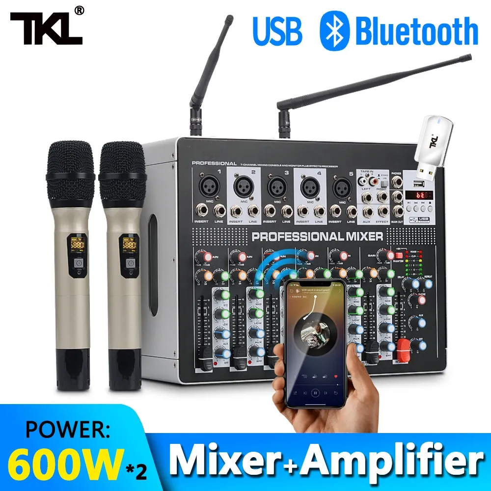 Микшер TKL DSP8 7 Канал -микшер Усилитель с консолью с миксером DJ Swiress Microphone с Phantom Phantom Phantom для USB 48 В для караоке