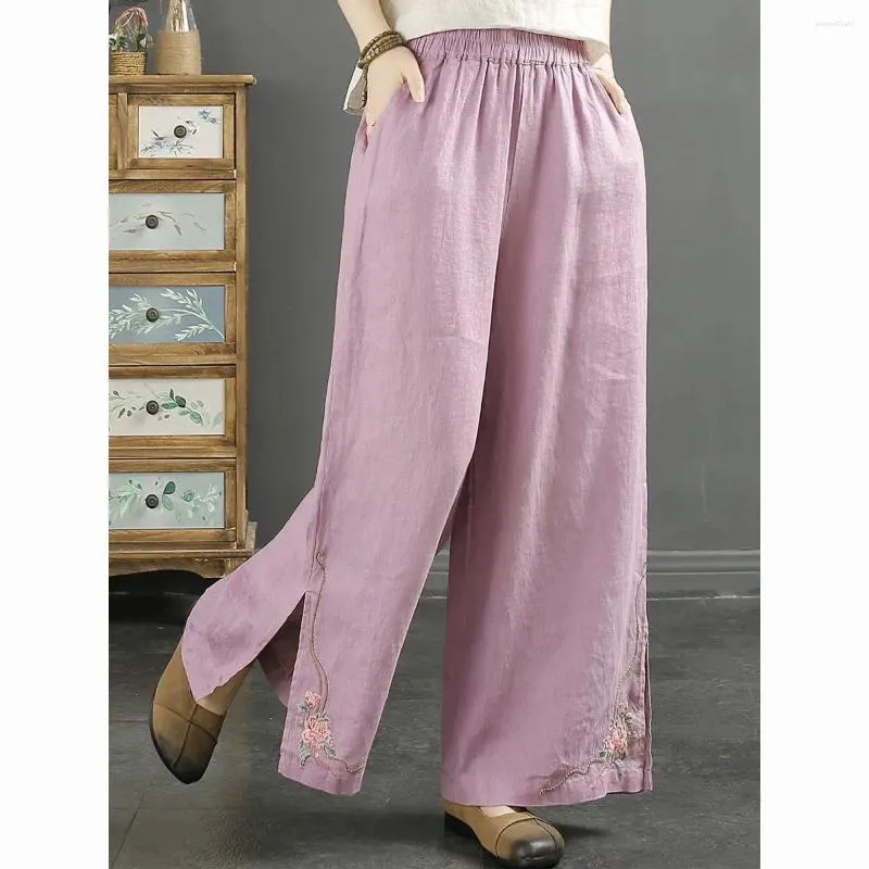 Pantalones de mujeres Arte retro Algodón bordado de estilo bordado y lino ELÁSTICO SUMELA SELECH SPAY CORTIAL CORTIVO Z341