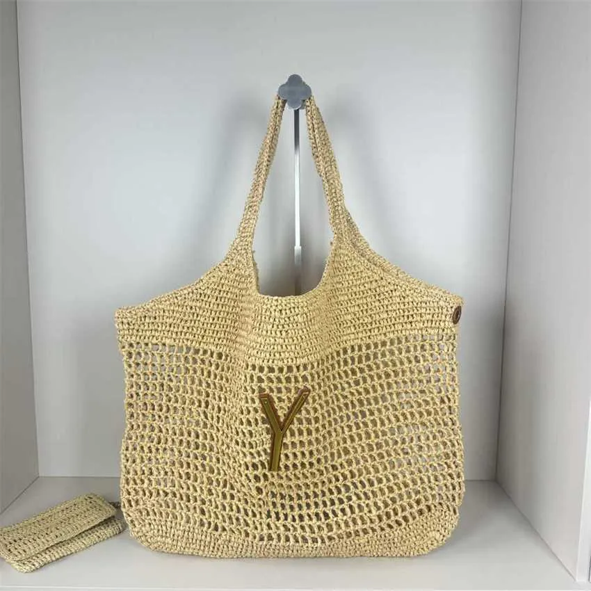 Chic Woven Beach Bags y-letter Grass Woven Tote Bag Portable High Capacity Shopping Bag Single Shoulder Womens Bag Wallet 240315