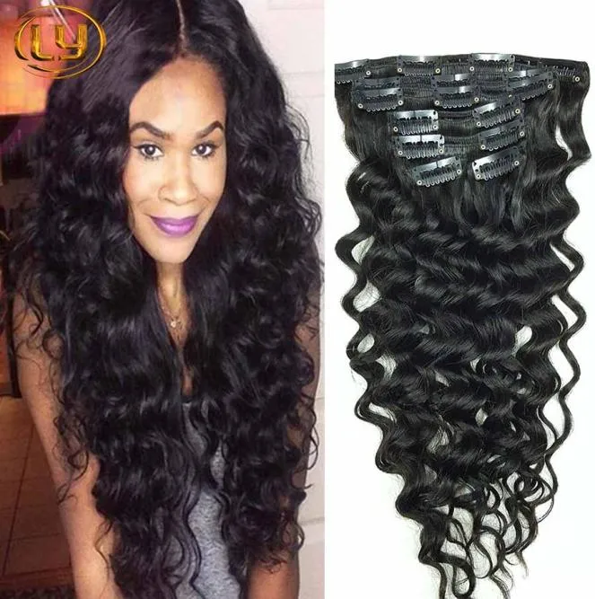 Human Hair Clip in diep krullende haarextensies Deep Wave Maleisische clip in menselijk haarverlenging Natuurlijke zwarte clip in 5227488