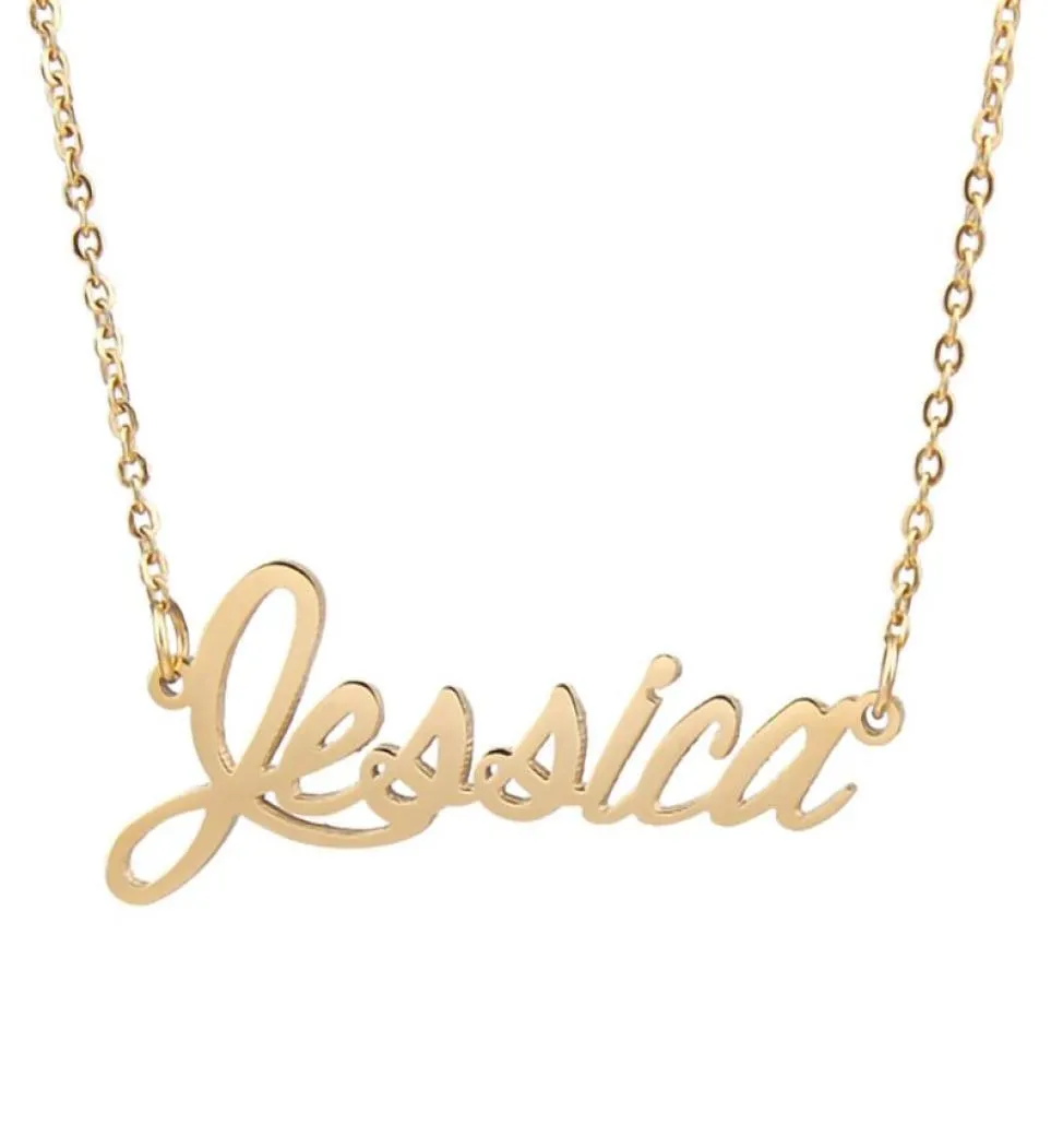 Подвесные ожерелья Джессика Название колье персонализированное из нержавеющей стали женщины Кокер 18K золото, покрытые алфавитом