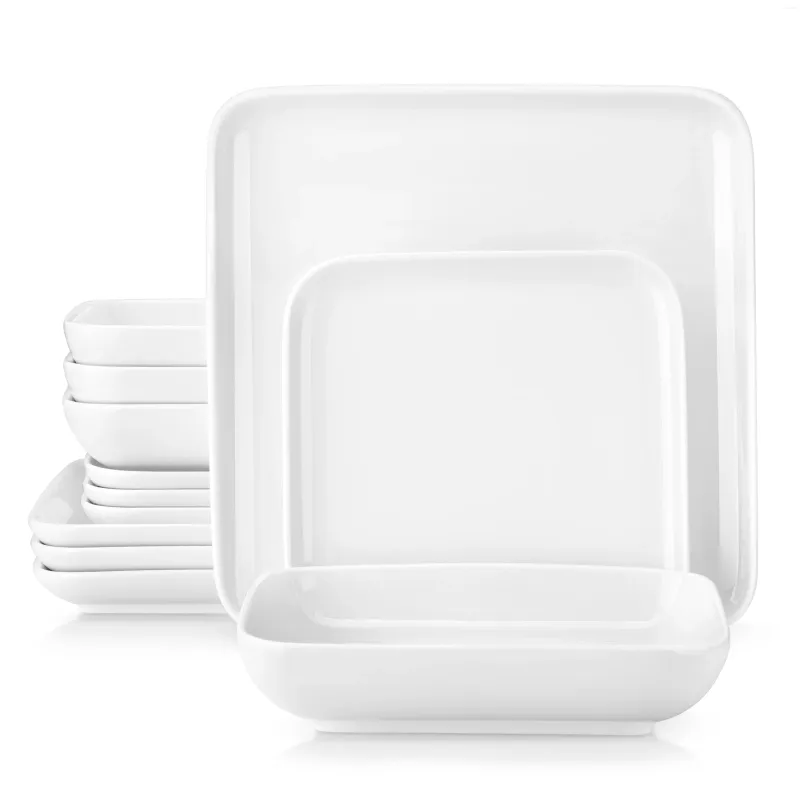 Table Mats 12pcs Porcelain Dinnerware Square Ceramic Plates Serving Dishes Dinner Dessert Soup Dish For Home Kitchen