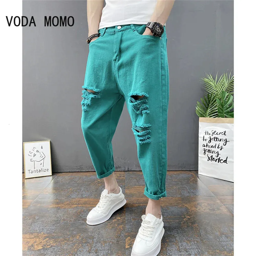 Japanska trender Mens Ripped Hole Jeans White Green Black Ankle Längd Youth Fashion Loose Denim Harem Cargo Pants 240328