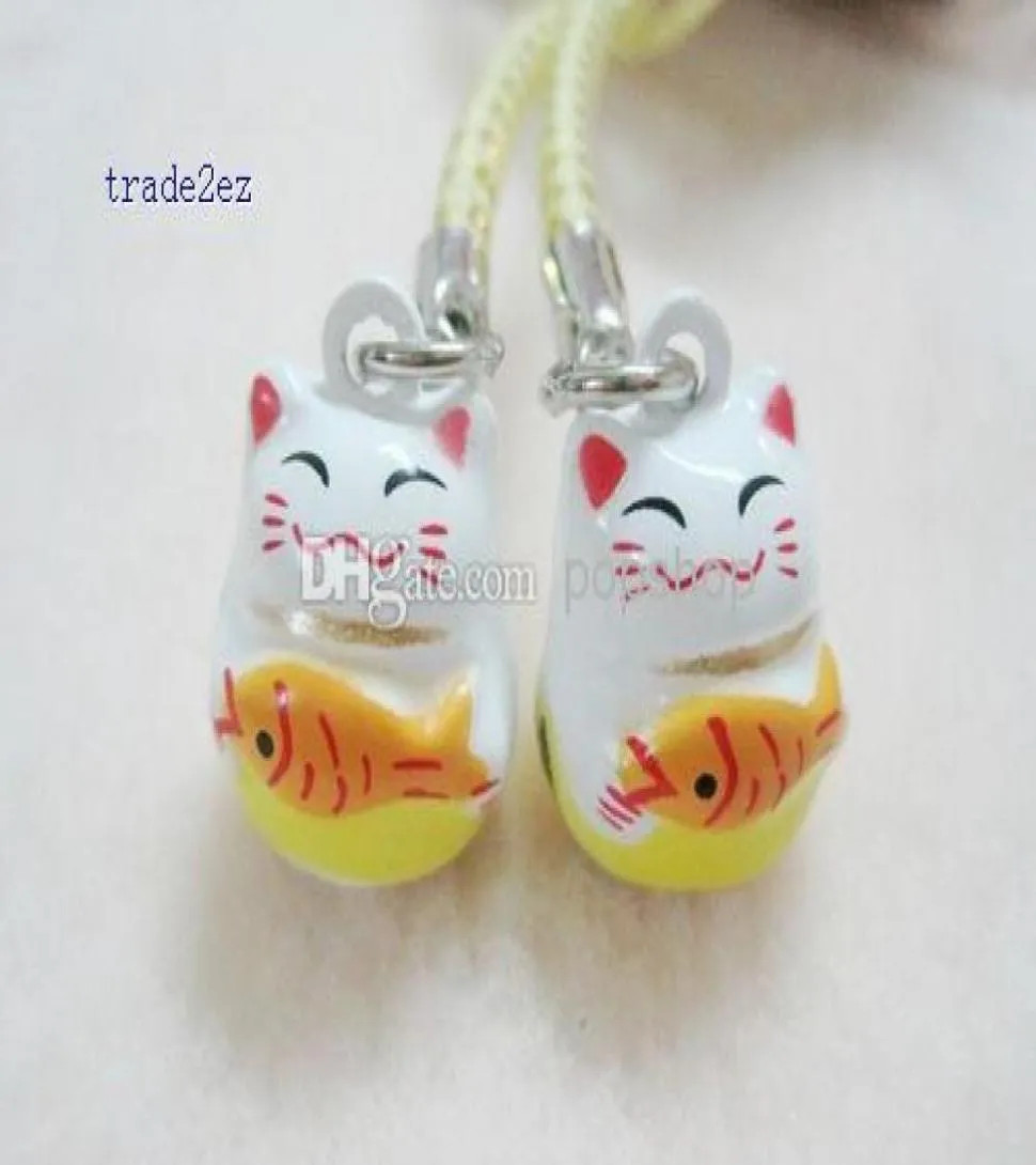 100pcs Fashion Popular White Maneki Neko Bell Boy Girl Cell Phone Strap Mobile Strap Gift 9947035