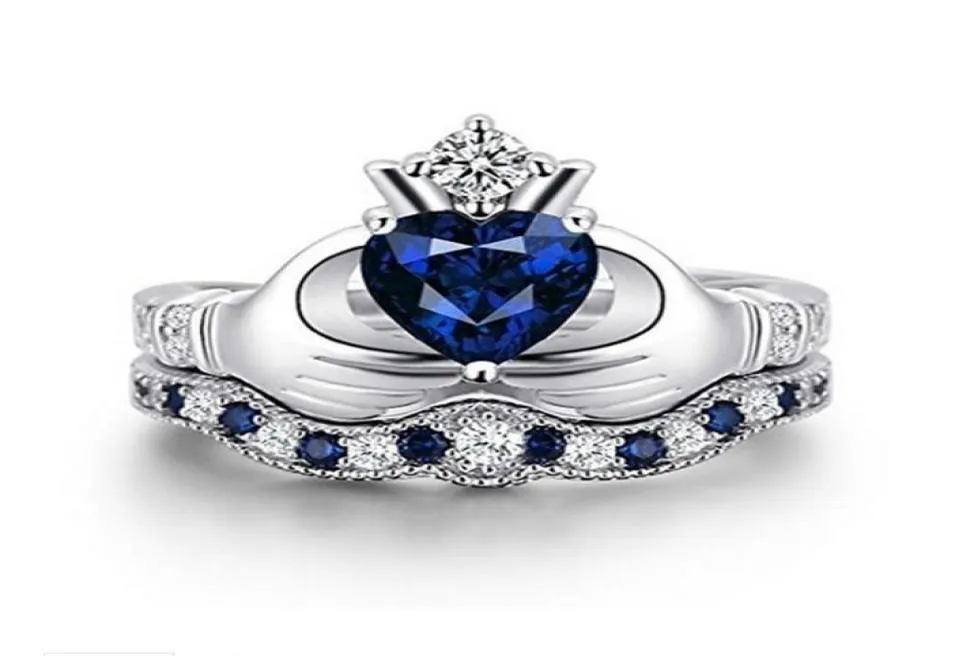 Omhxzj Ganz Solitaire Ringe Europäische Modefrau Mann Partei Hochzeitsgeschenkkronen weiß blau Zirkon 18KT Weißgoldring RR6014478340