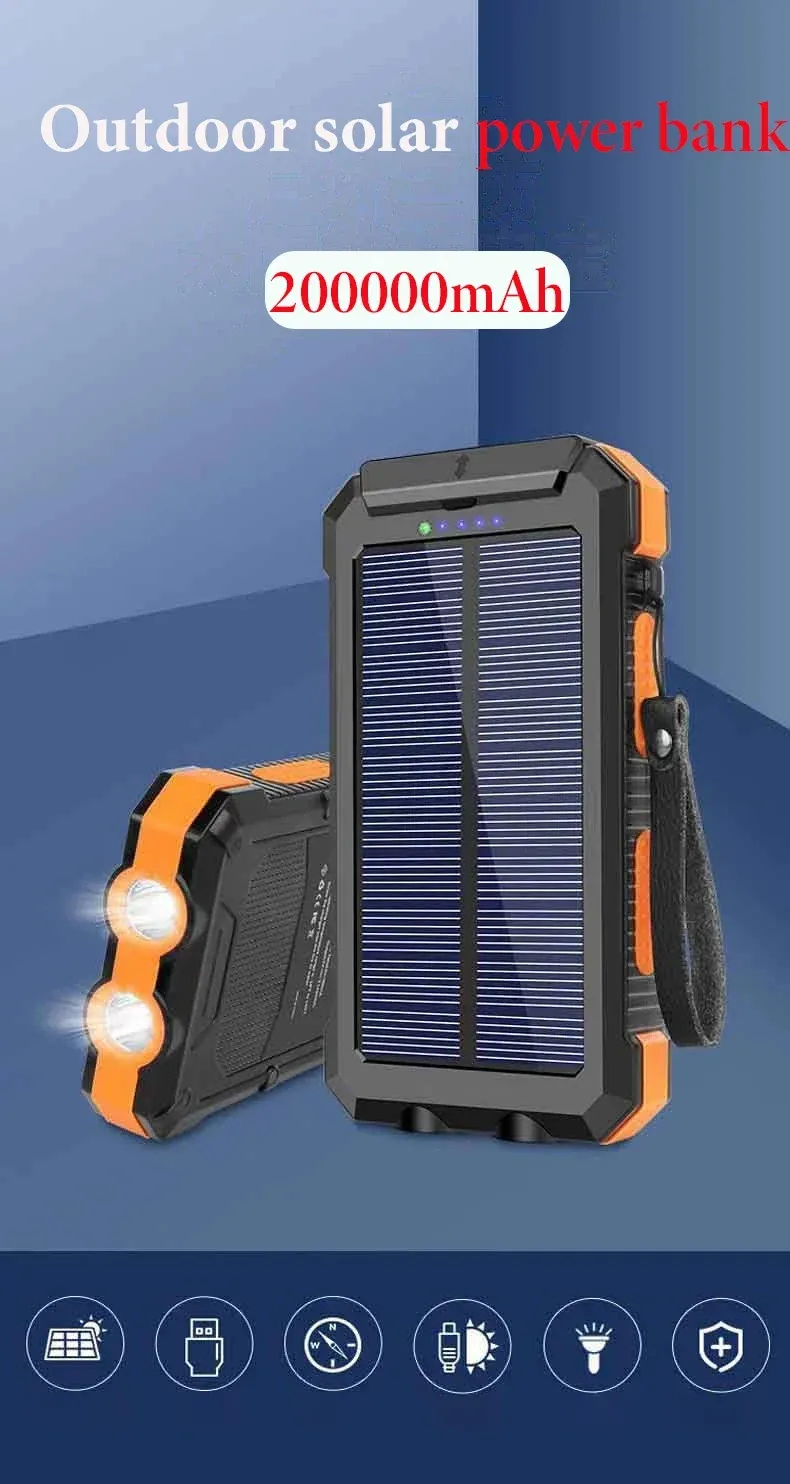 Solar Power Bank 20000mAh - Waterdichte Zonne Oplader Met LED Licht & 2 USB Poorten