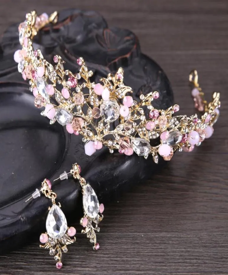 Utsökta pärlor kristall brud tiara örhängen handgjorda prom quinceanera pageant bröllop krona örhängen sätter tre färger rosa guld6485717