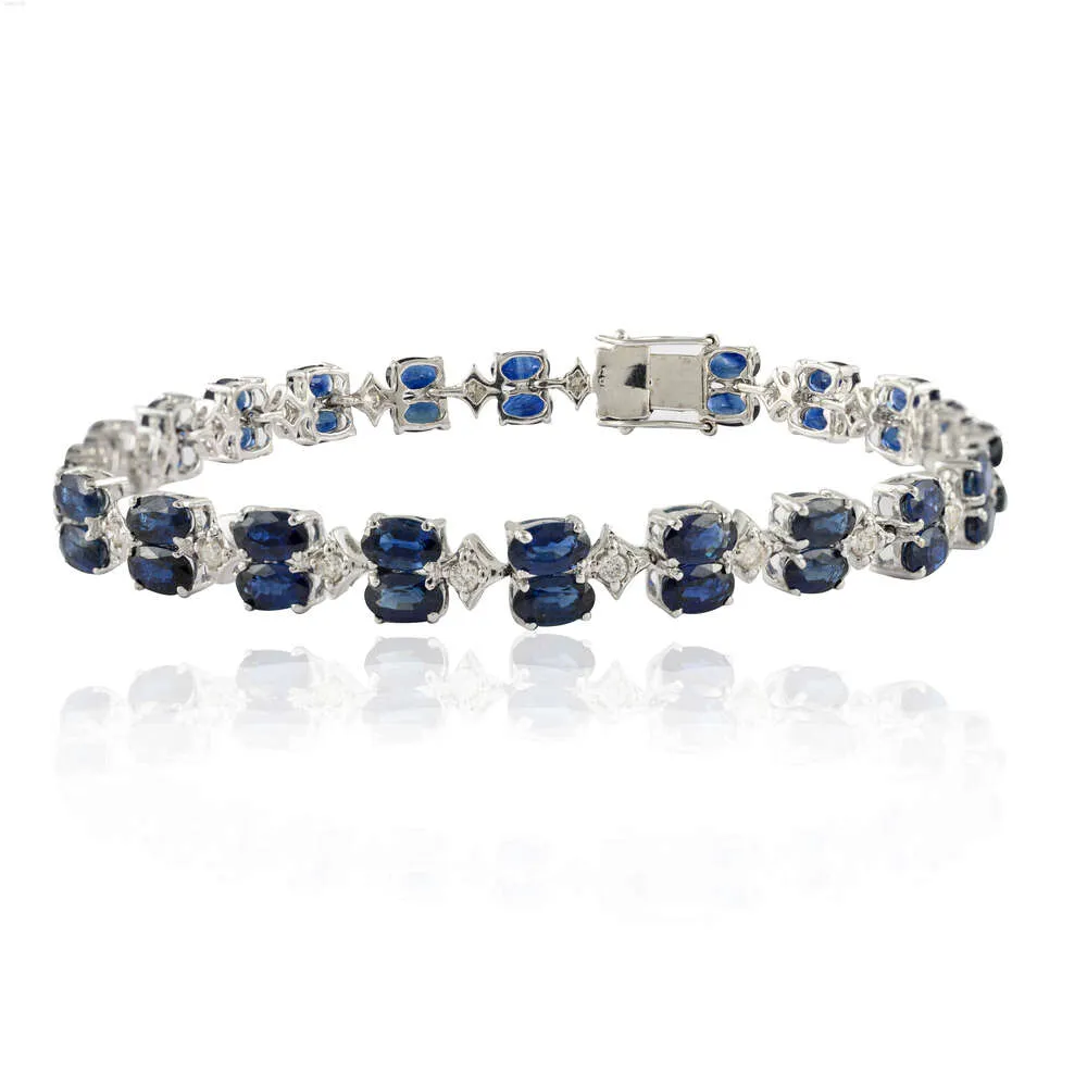 Trendy Luxury Handmade Blue Sapphire Diamond Bracelet Gemstone K14 Pulseira de dupla camada de ouro branco puro para feminino