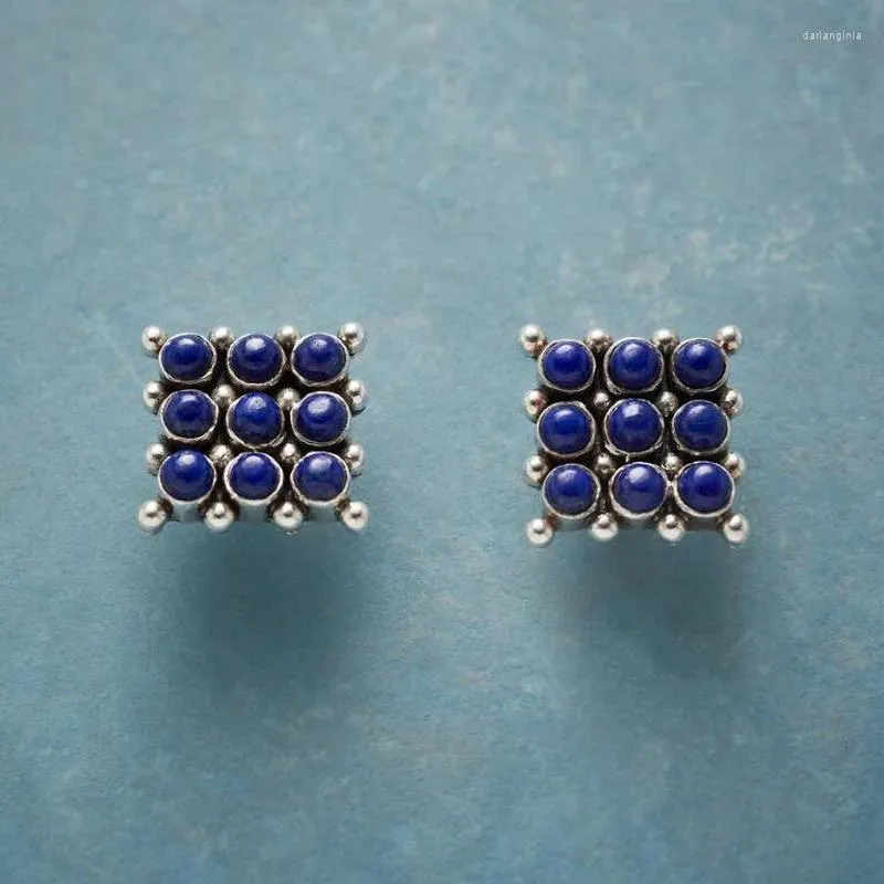 Brincos de bronzeamento embutido metal quadrado vintage 9 Lapis Lazuli Stud Ladies Personalidade Jóias de festa simples