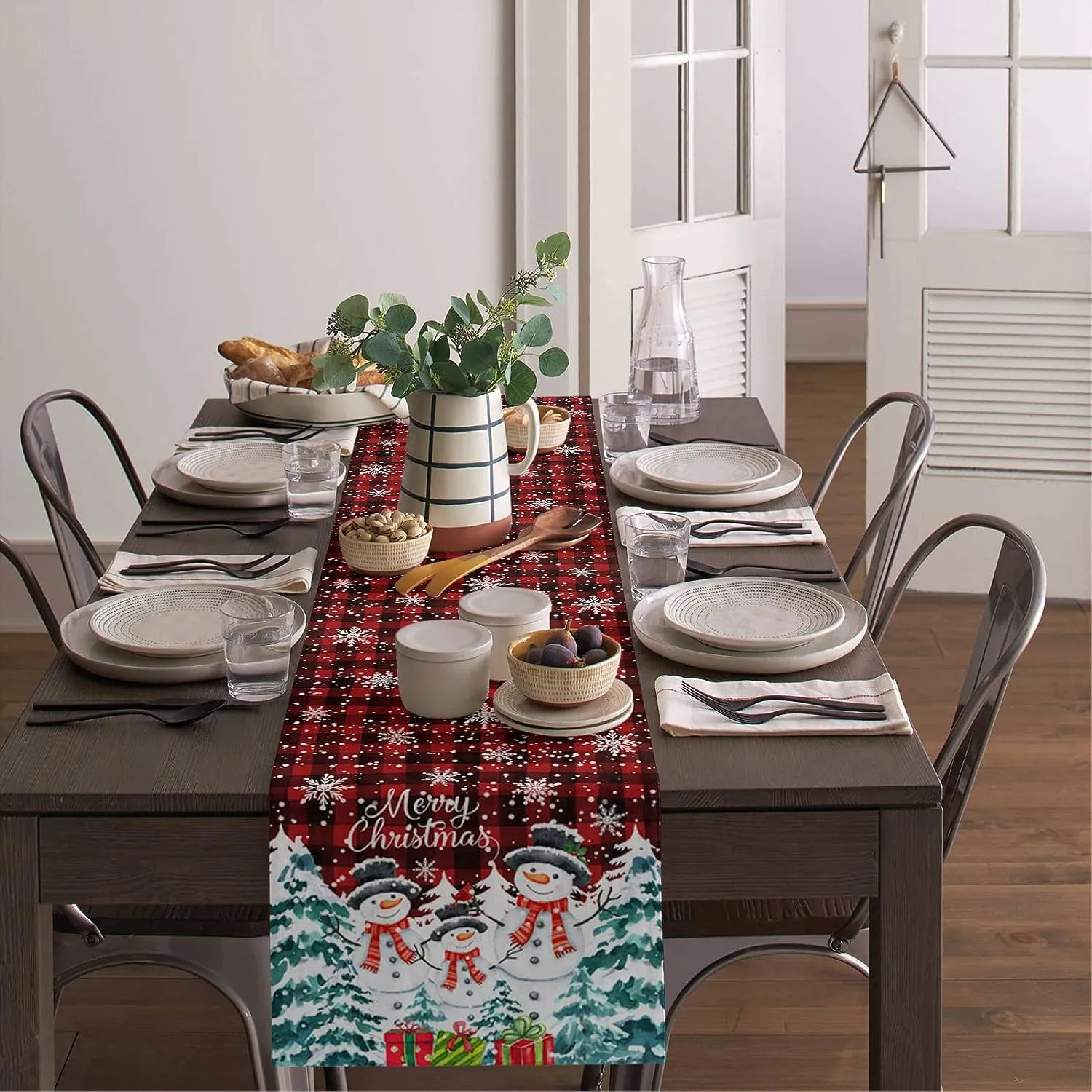 Merry Christmas Snowman Snowflake Linen Table Runners Kitchen Table Decor Farmhouse Dining Table Runners Christmas Decoration