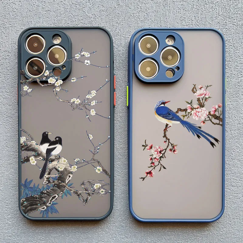 Custodia per telefono degli uccelli fiori per iPhone 15 11 14 Pro Max 13 12 Pro Max Mini 15 14 7 8 Plus SE2 XS XR X Copertina floreale