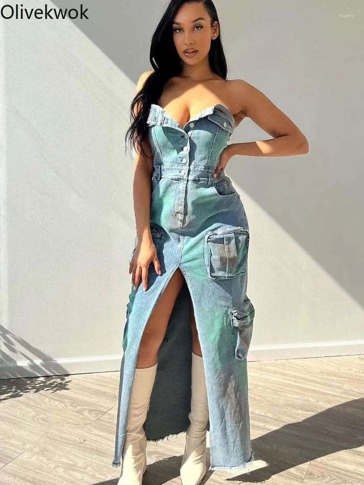 Olivekwk Women's Single Breasted Strapless Cargo Denim Midi Dress with High Split and Multi-Pockets - Perfect for Casual Outings and Street Style