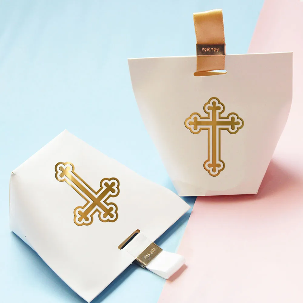 Elegant White Candy Boxes with Gold Foil Cross | Pack of 10 | Perfect for Celebratory Events: Weddings, Baby Showers, and More!