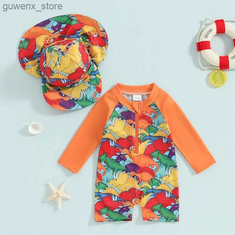 Één-stuks 0-3T Toddler Boys Rash Guard zwempak Rompers Lange mouw schildpad/dinosaurusprint baby badkleding met zwembasis met zwemdop Y240412