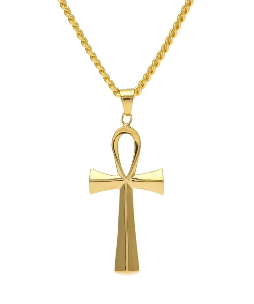 Nytt rostfritt stål Ankh -halsband egyptiska smycken Hip Hop Pendant Iced Out Gold Key to Life Egypt Necklace 24 "Chain7497478