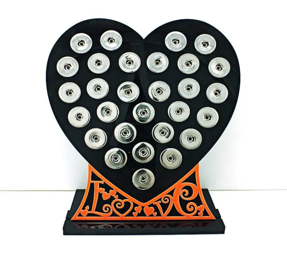 Novo botão de snap 18mm Stand Stands Fashion Black Acrylic Heart With Letter Intercambieable Jóias Display Board4091891