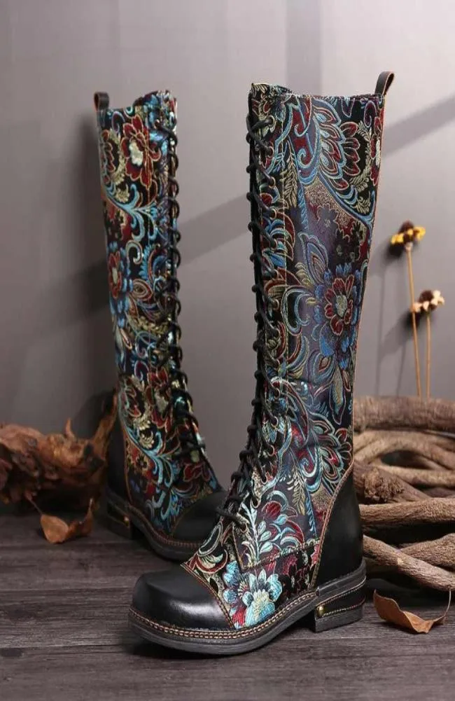 Bottes Socofy Flowers Match Colorful Centing Elegant Zipper Lace Up Flat Mid Calf Chaussures Femme Botas Mujer1380014