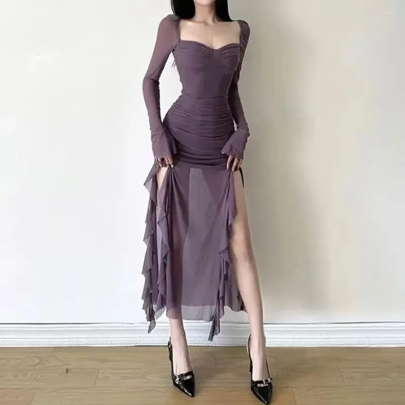 Casual Dresses Sexy Ruffles Party Club Black Purple Dress Fashion Vestidos Women Long Sleeve High Slit Mesh Bodycon