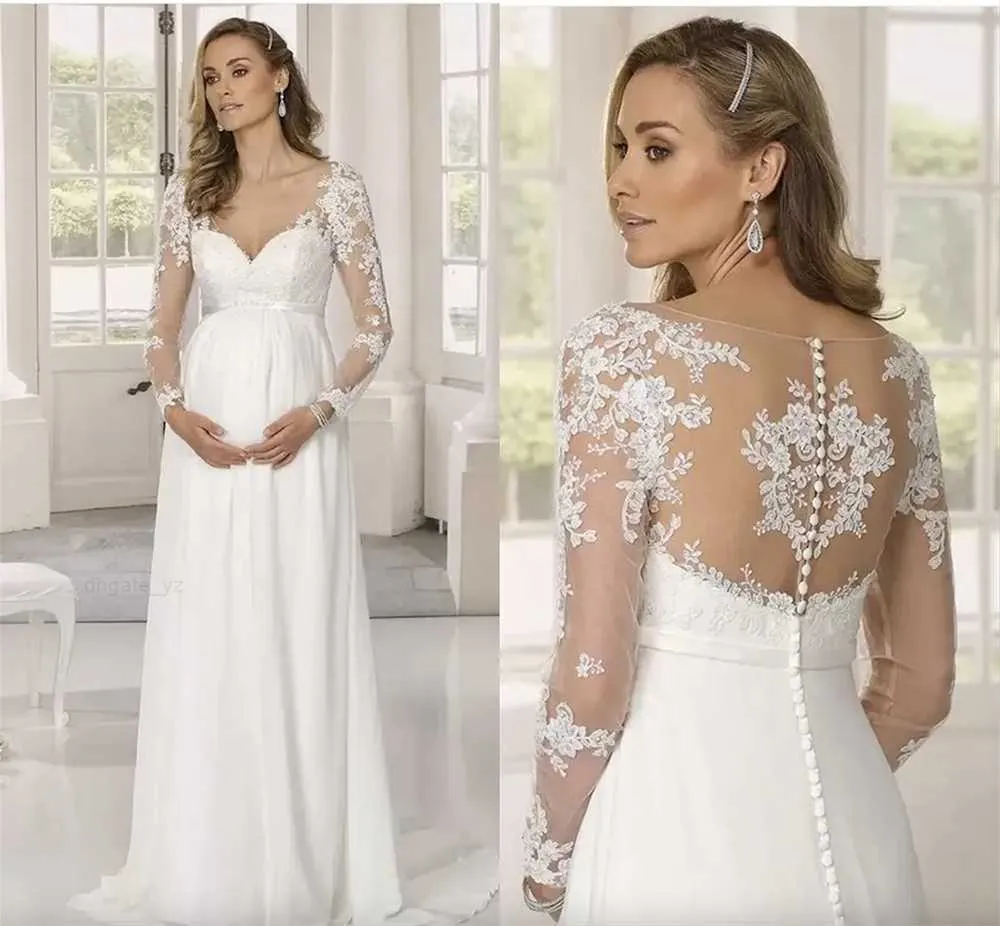 Maternity Wedding Dresses For Pregnant Women Chiffon A-Line Beach Boho Bridal Gowns Illusion Long Sleeves V-Neck Lace Appliques Empire Waist Vestido De Novia 2023