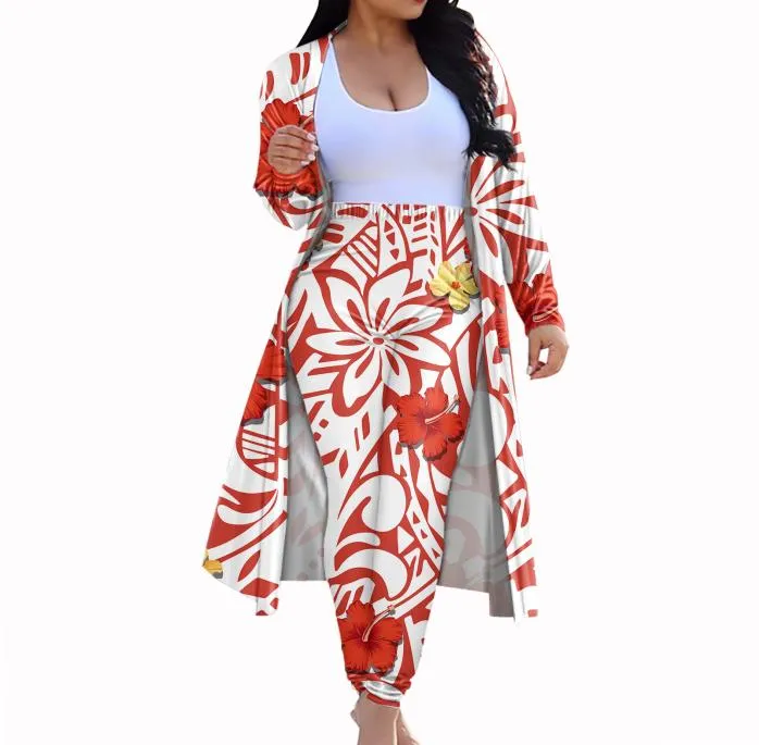 Женщины Самоан Полинезийская Плюмерия Цветочная печать подходит для брюк моды Тонкие худые кардиганные брюки Две куски одежда костюма8730409