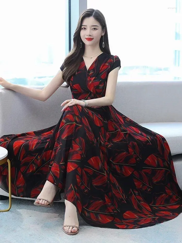 Party Dresses Fashion Prom Evening Red Chiffon Summer Clothes For 2024 Casual Long Dress Tunics Elegant Luxury Floral Chic F85