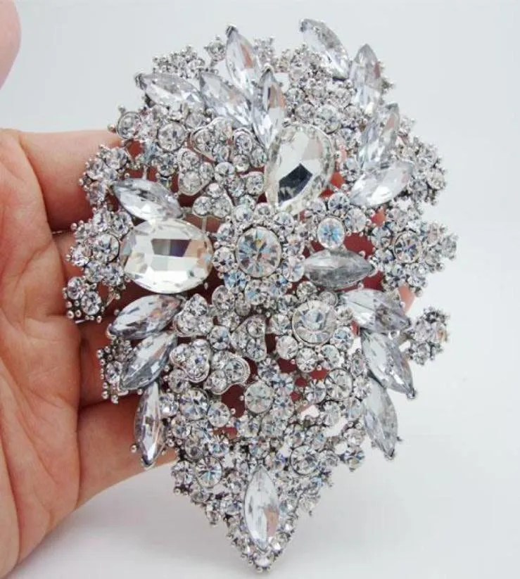 Wholeclear White Crystal Rhinestone dubbele druppeltjes bloemkunst nouveau broche pins zilveren plaat hangers7754613