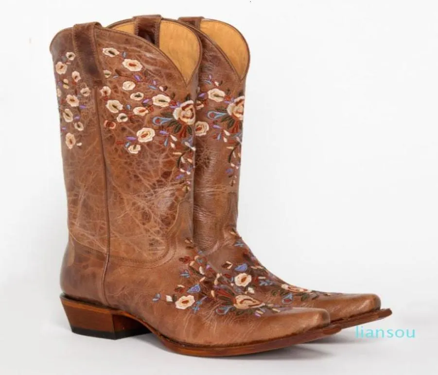 Moda Floral Bordado Cowgirl Knee High Leatra Vintage Sapatos Botas Mulheres 8062265