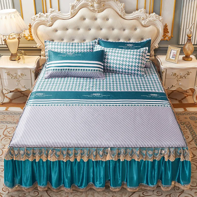 3 adet lüks kraliyet yatak örtüsü serin çift katmanlı yatak etek makinesi yıkanabilir çarşaflar Kraliçe kral yatak için elastik bant ile yatak