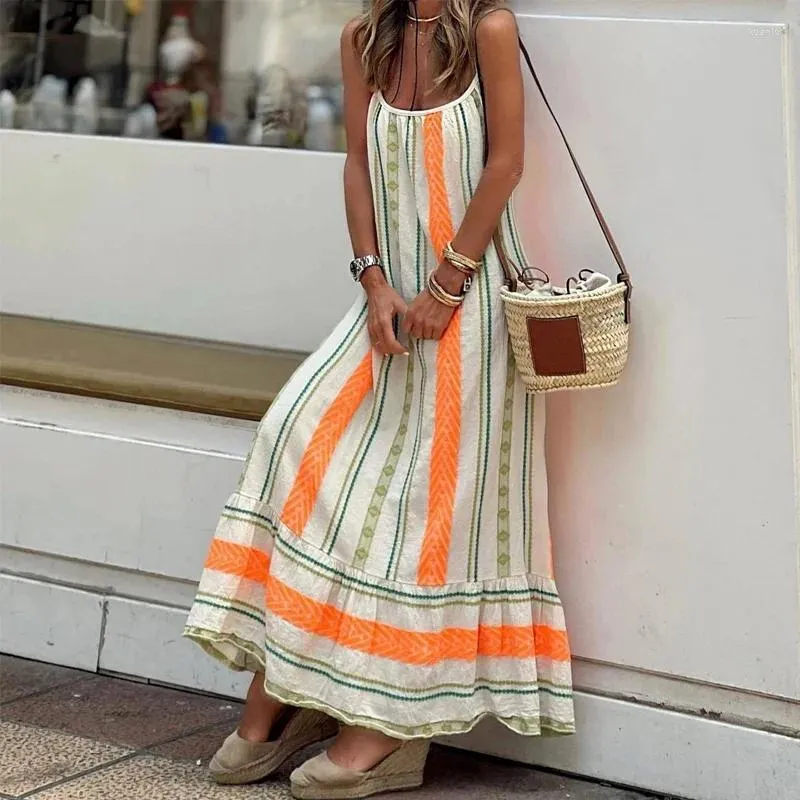 Casual jurken zomer stiksel ruche strandjurk vrouwen sexy patroon boho los spaghetti riem print vrouwelijke vestidos