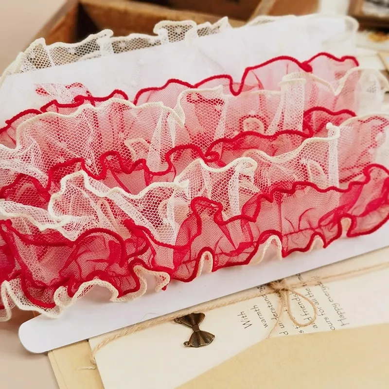 HOT Double intercolor Red and White ruffled lace DIY clothing skirt hat hem curtain bedding border sewing girl's room decoration