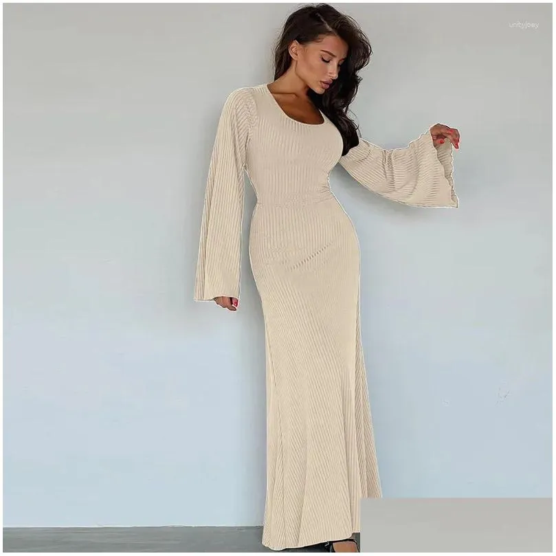 Basic Casual Dresses Fashion Loose U Neck Ribbed Knit Long Dress Outfits For Women Back Bandage Lace Up Fall Flare Sleeve Maxi Drop De Dhjzm