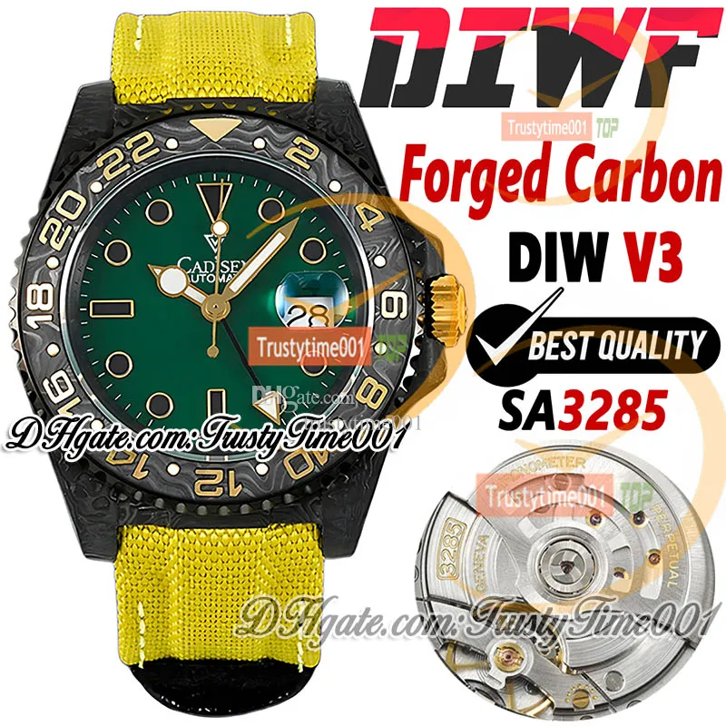 DIWF V3 SA3285 자동 남성 시계 DIW 전체 단조 된 탄소 케이스 녹색 다이얼 도트 마커 나일론 가죽 스트랩 슈퍼 에디션 TrustyTime001 시계 reloj montre hommes