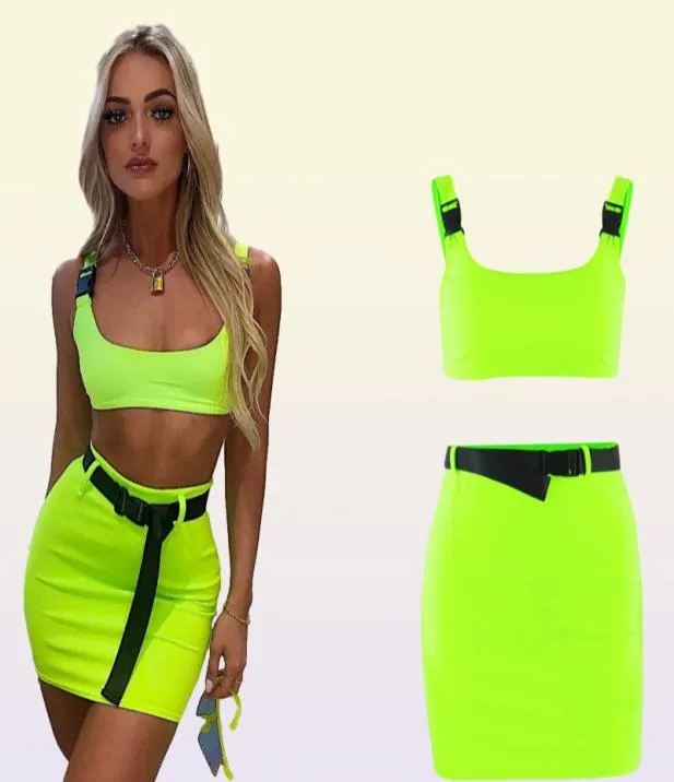 Vestido de duas peças Mulheres neon 2 conjuntos de colarinho quadrado Buckle de fivela de backless backless tops da cintura Salia chique de outono pcs pcs